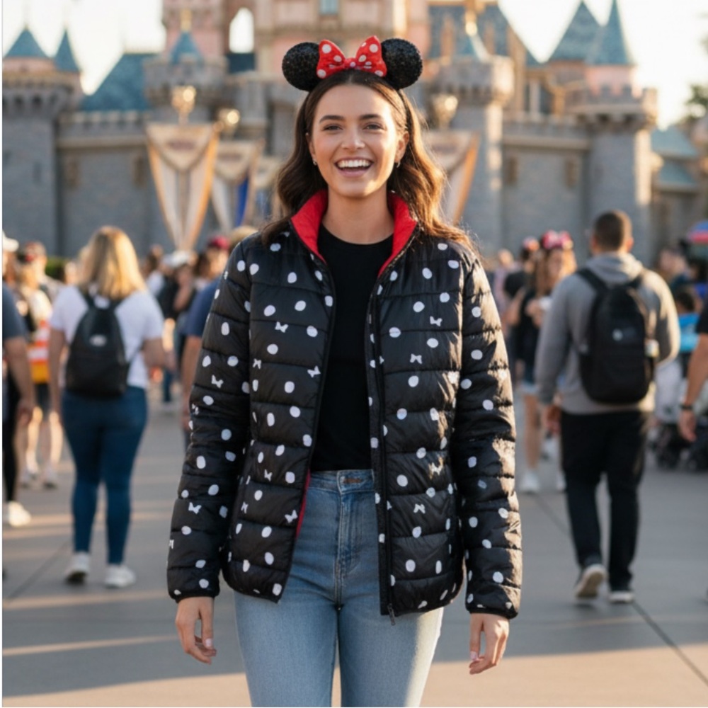 Disney Minnie Mouse Black White Polka Dot Puffer Jacket for Adults – Reversible